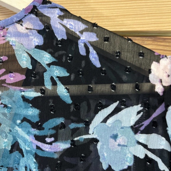 Torrid 1 Ruffle Kimono Shirt Floral Swiss Dot Black Purple SS Sheer boho B84 - Picture 12 of 16